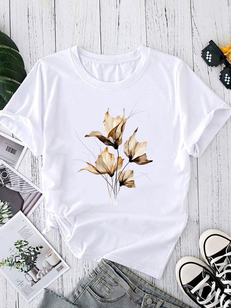 (Азиатский размер) letter flower trend 90-х Футболки с коротким рукавом Женский топ Принт Круглый вырез Модный Женский Повседневный Футболка Одежда Графическая футболка