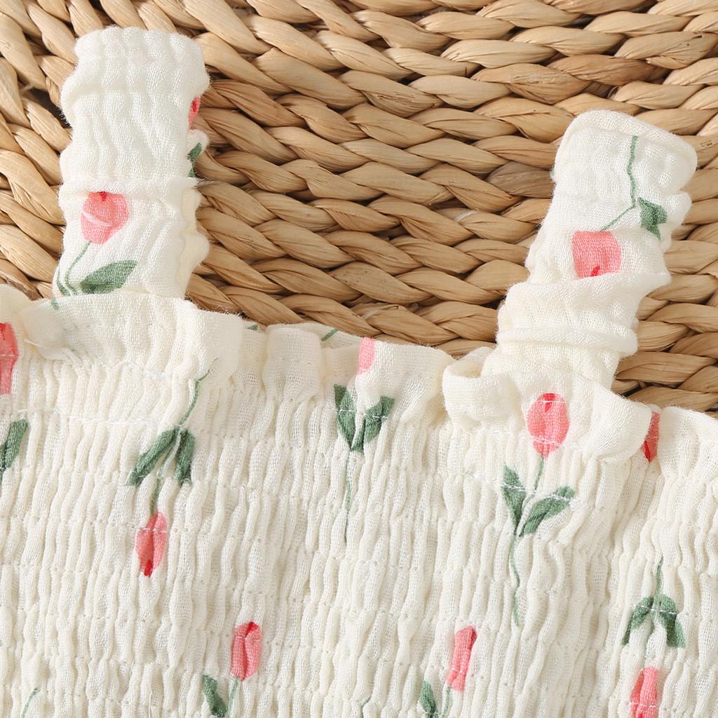 Комплект из 2 предметов для летних нарядов для девочек, без рукавов, с цветочным принтом, присборенное платье-комбинезон с солнцезащитной шляпой