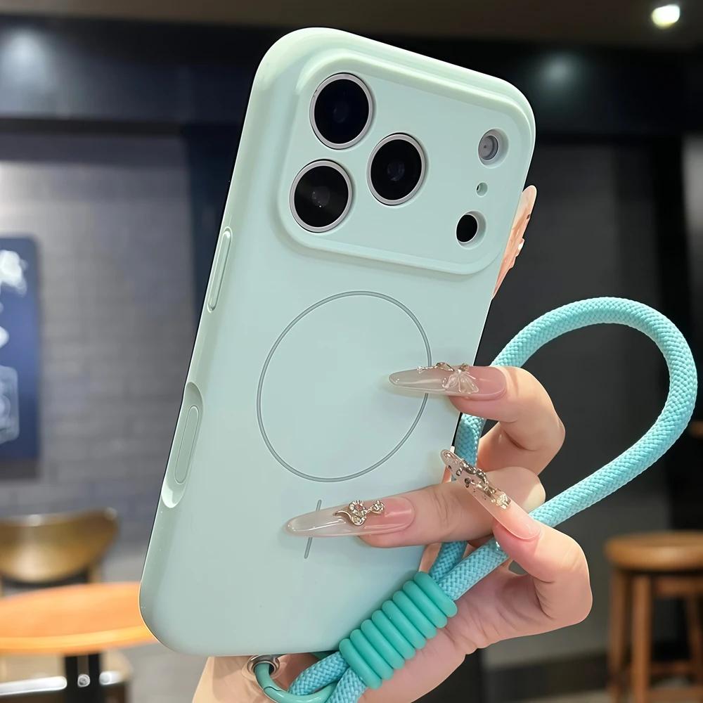 Матовый чехол-ремешок Magsafe конфетного цвета для iPhone 16 17 Pro Max Air 15 14 Plus 12 13 11 Ремешок на запястье Жидкий силиконовый чехол