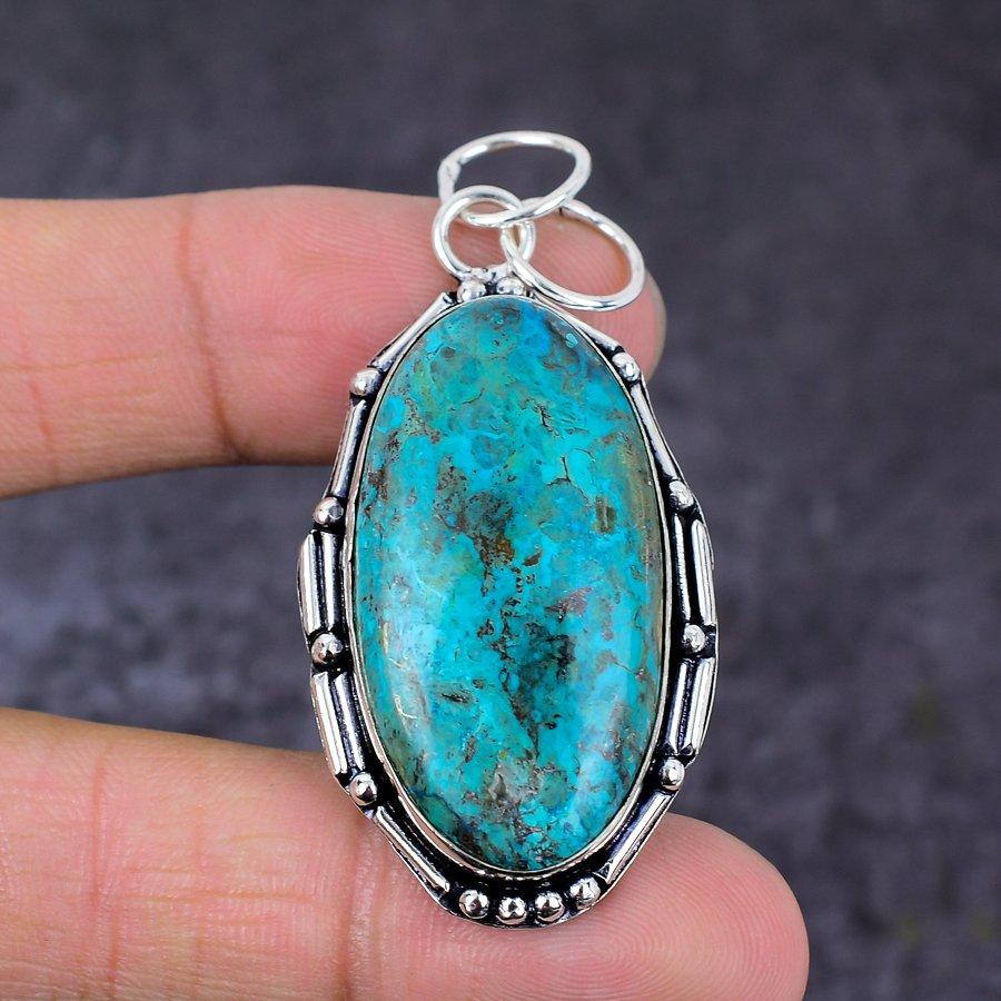 Подвеска из серебра 925 пробы с натуральным драгоценным камнем хризоколла ручной работы 2,36 дюйма g7D39