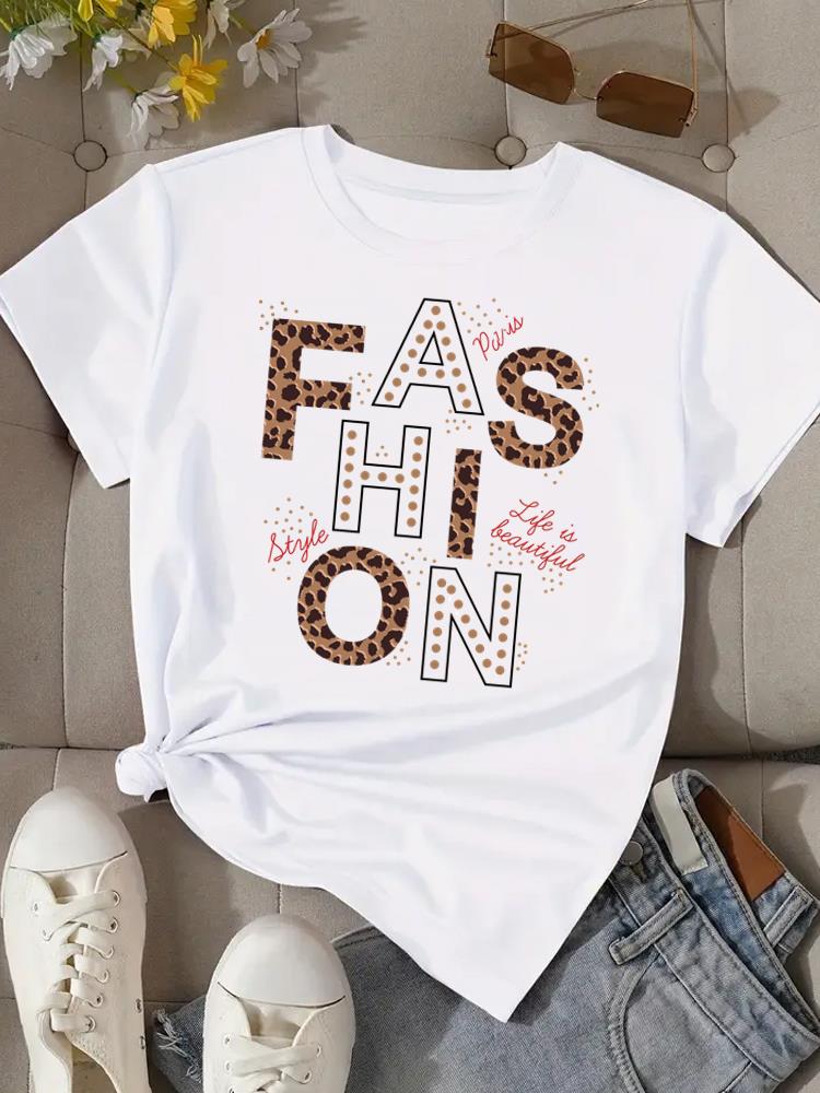 (Asian Size) letter leopard 90s Tee Top Clothing T Shirt Women Fashion Woman Print Female Short Sleeve Graphic T-shirts