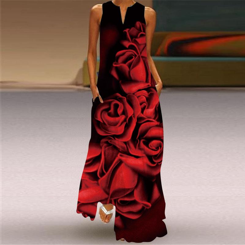 2026 new summer women's sleeveless long dress v-neck printed retro dress European and American women's clothing