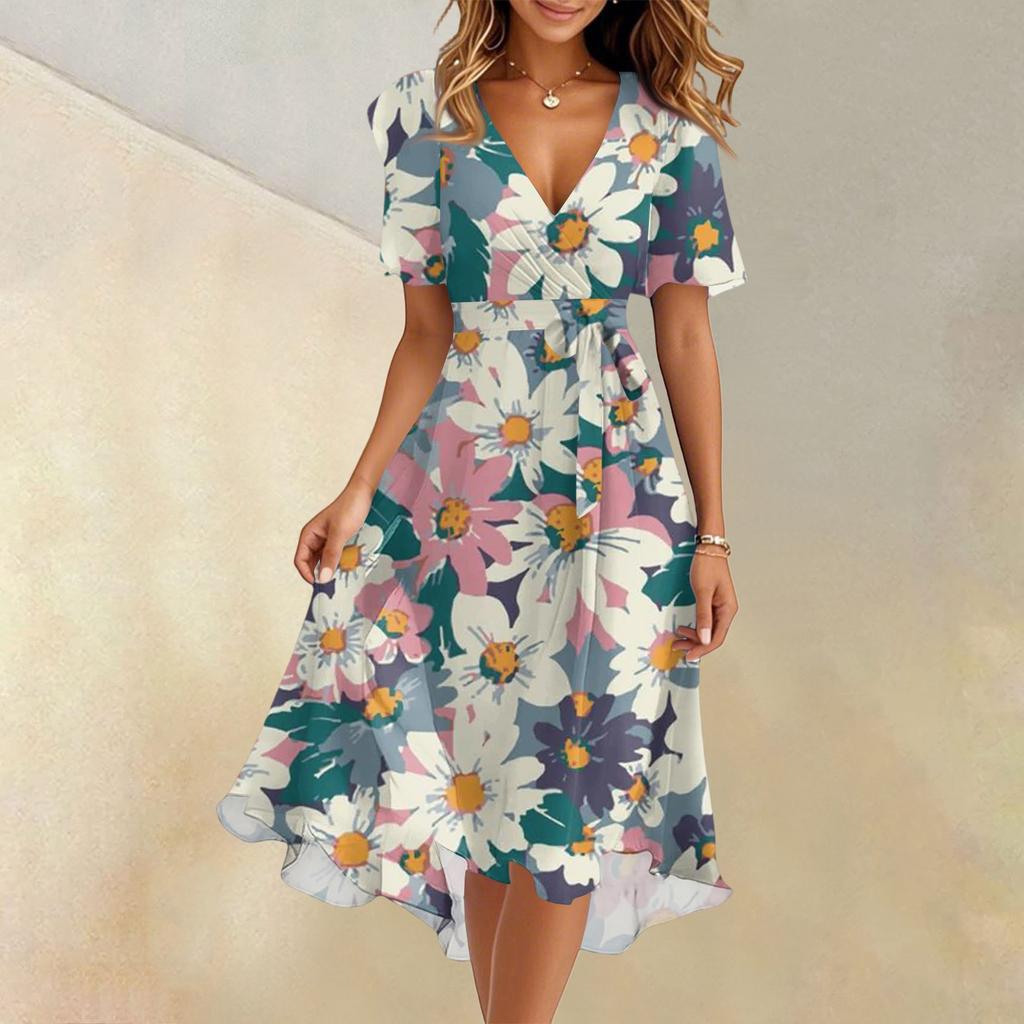 Женское летнее модное расклешенное платье с V-образным вырезом и короткими рукавами с цветочным принтом