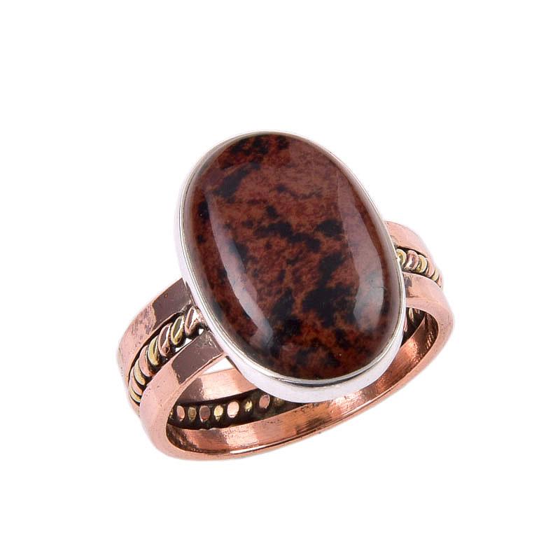 Двухцветное кольцо из стерлингового серебра 925 пробы с натуральным обсидианом красного дерева, размер 8 r1T23