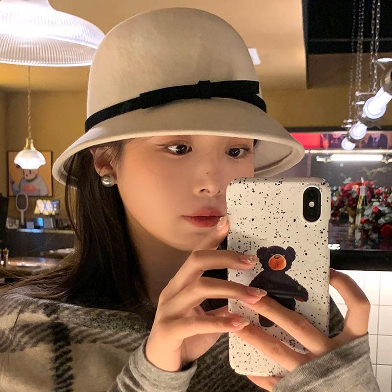 Autumn Winter French Bow Bucket Hat Women Sweet Felt Hat With Folded Shape