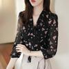 Floral Chiffon Shirt Blouse Female Korean Version 3/4 Sleeve Shirt Fashion Small Shirt Top Elastic Cuffs