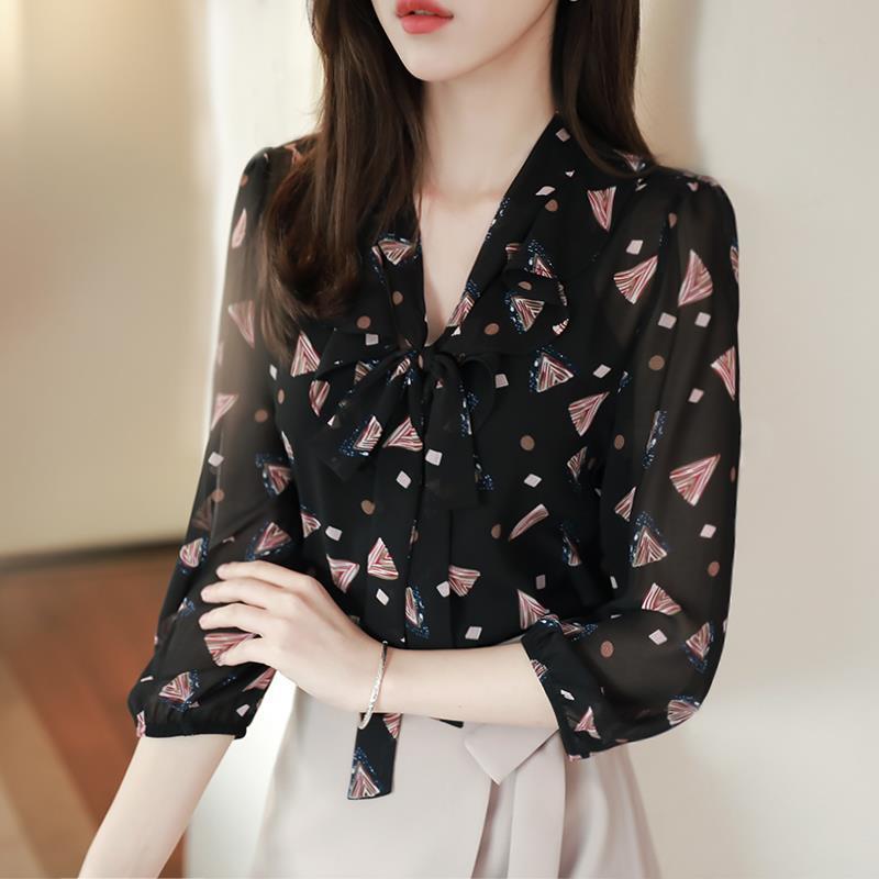 Floral Chiffon Shirt Blouse Female Korean Version 3/4 Sleeve Shirt Fashion Small Shirt Top Elastic Cuffs