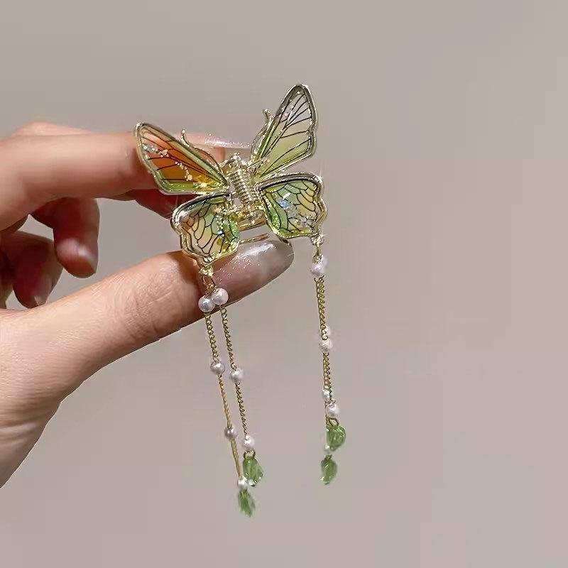 Elegant Chinese Gradient Hair Clip Compatible for Braids - Butterfly Tassel Hair Claw with Length, Braiding & Updos Accessory for, Asian Hairstyles