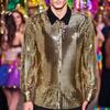 Men Retro Sequin Shirt Glittery Button-up Long Sleeve Lapel Shirt Vintage Disco Shirt for Bars Nightclubs Parties
