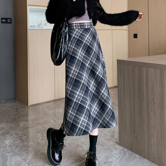 Women Midi Skirt High Waist A-Line Woolen Skirt Plaid Pattern Slimming Mid-calf Skirt Daily Home Street Wear