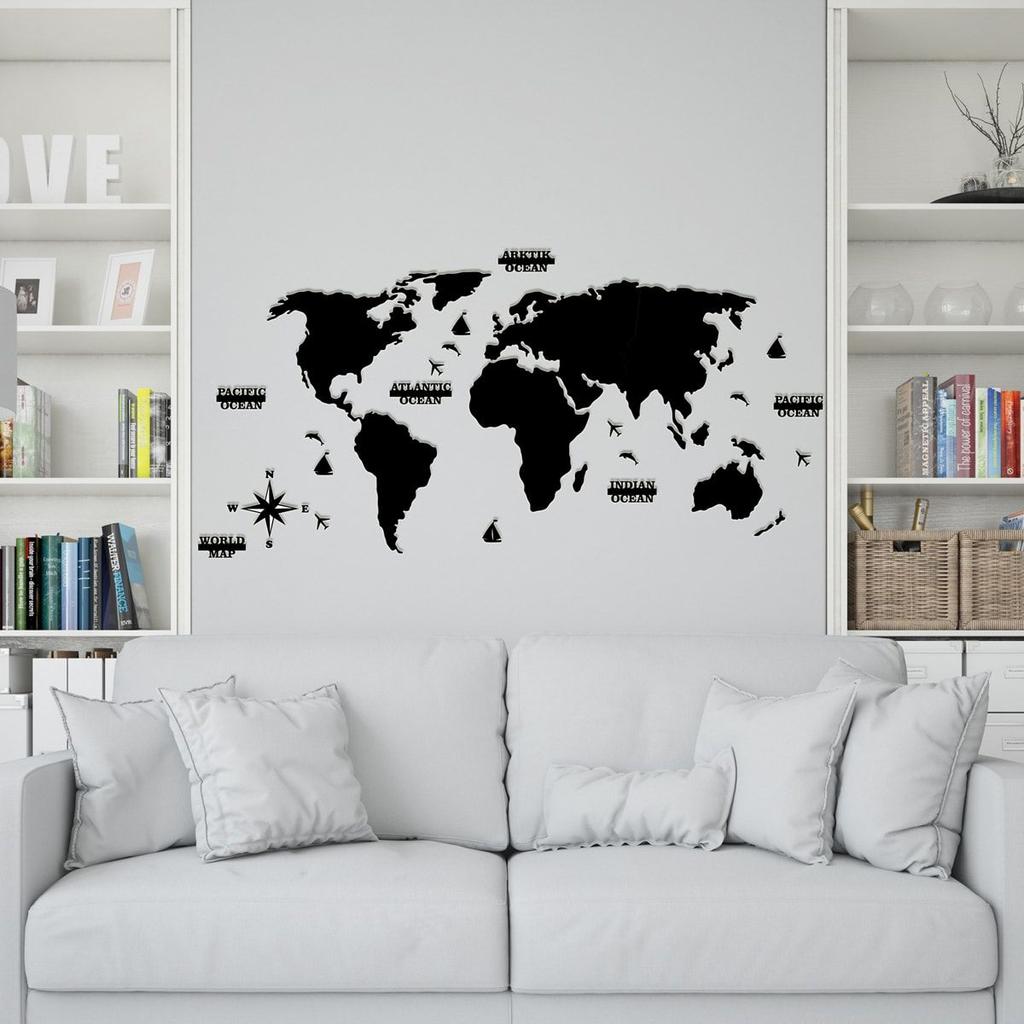 2D Decorative Wooden World Map Wall Decoration for Home Office Living Room Black World Map Wall Decoration and Accessory