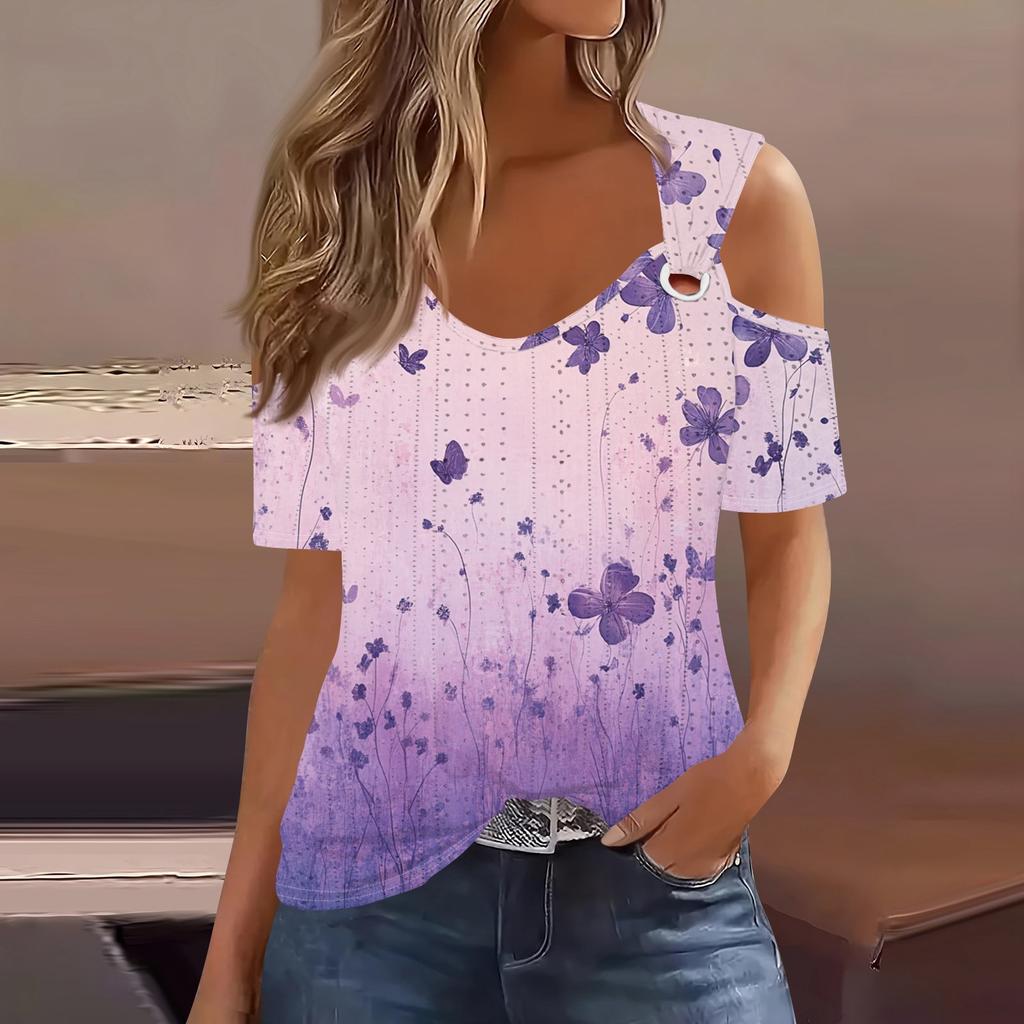 Sexy Cold Sholuder Tops For Women Summer Hollow Out Eyelet Short Sleeve Blouse Loose V Neck Tshirt Trendy Casual Tunics