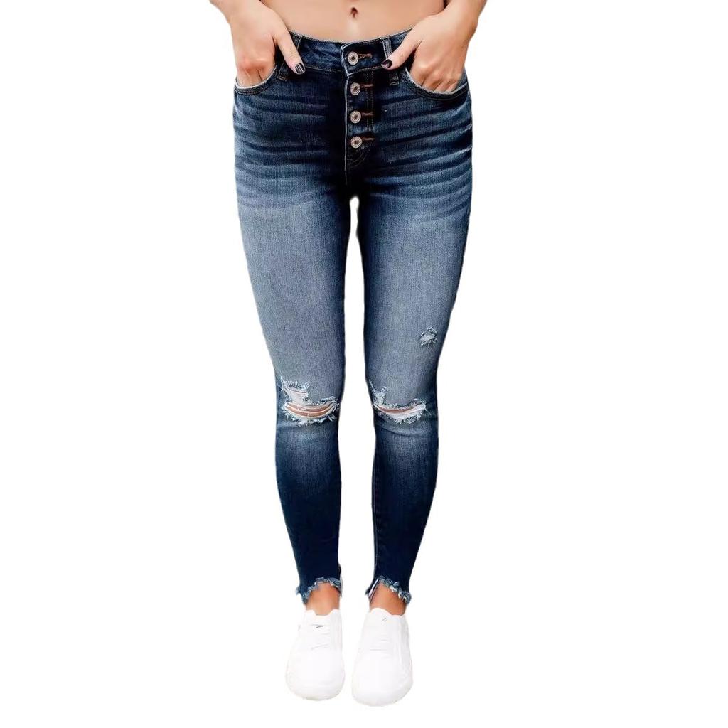 Летние женские джинсы Stretch Hole Slim Comfortable Брюки со средней посадкой