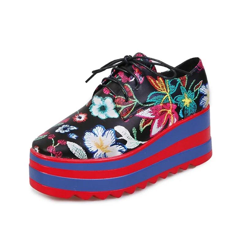 Женская обувь 2024 года, женские туфли на шнуровке на высоком каблуке, повседневные туфли-лодочки больших размеров, женские туфли с принтом, круглым носком, на платформе и танкетке, женские