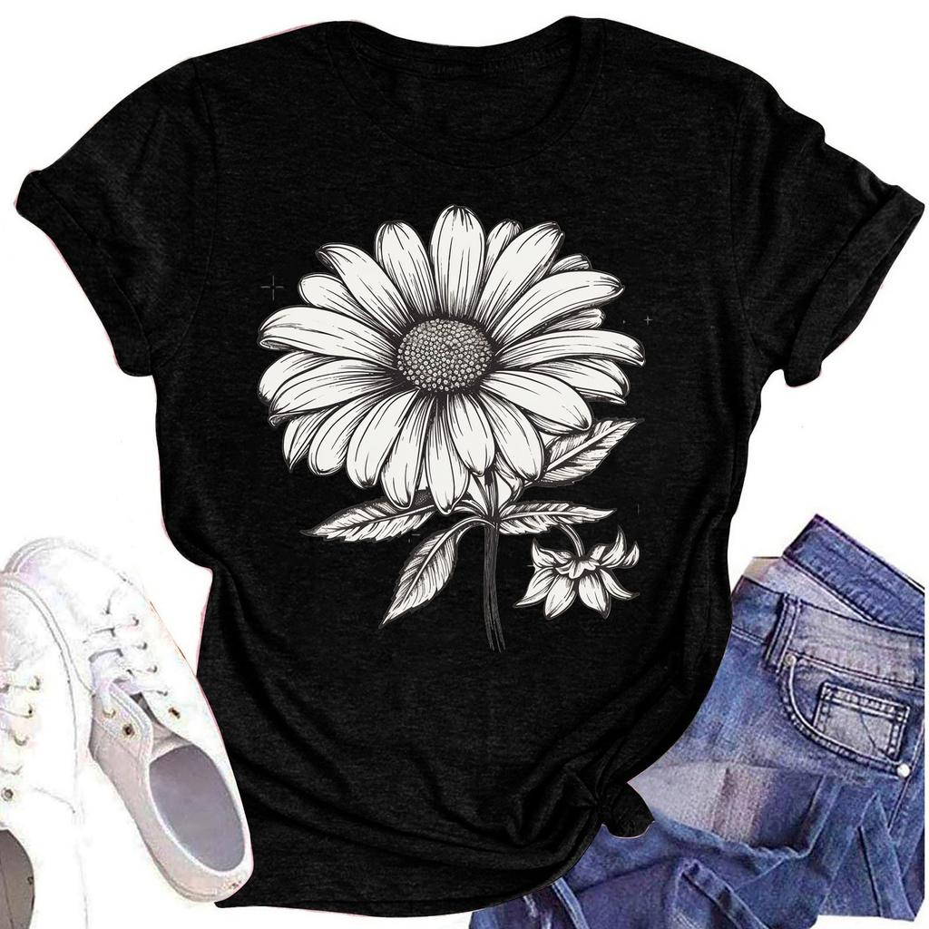 Женская повседневная футболка с круглым вырезом и цветочным принтом, короткий рукав