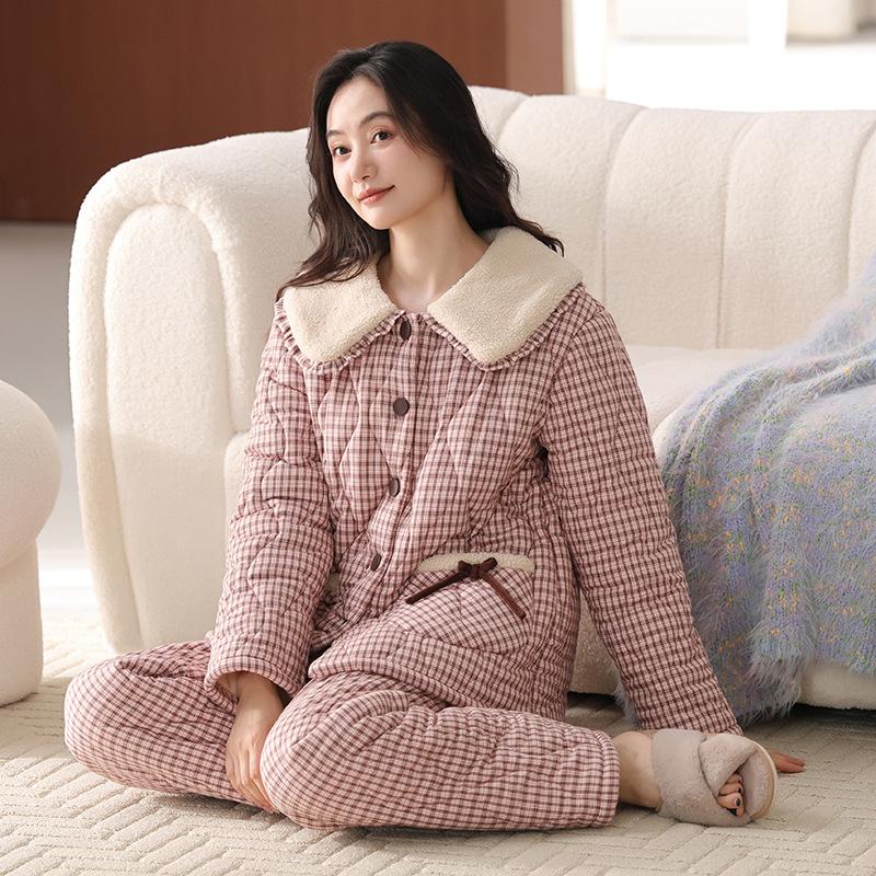 Тканая пижама из чистого хлопка с подкладкой, женская зимняя трехслойная утолщенная и бархатная зимняя домашняя одежда, теплый костюм