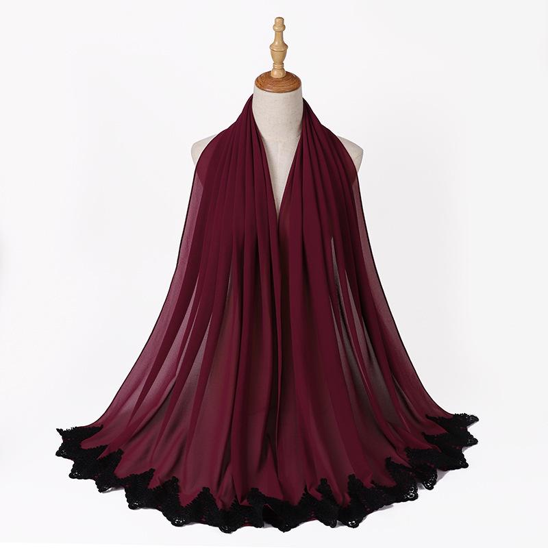 Новый жемчужный шифон Малайзия Мода Черные кружевные шарфы Мусульманский шаль Однотонный мягкий тюрбан Повязки на голову