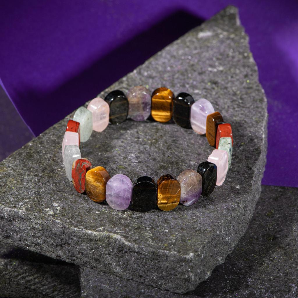 Браслет Девы Аметист, Золотой обсидиан, Тигровый глаз, Лабрадорит, Розовый кварц, Моховой агат