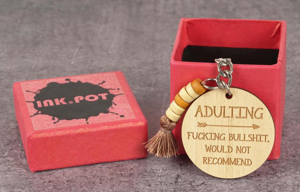 Inkdotpot Funny Keychain Adulting Not Recommend Wood Engraved Keychain Funny Adult Sarcastic Novelty