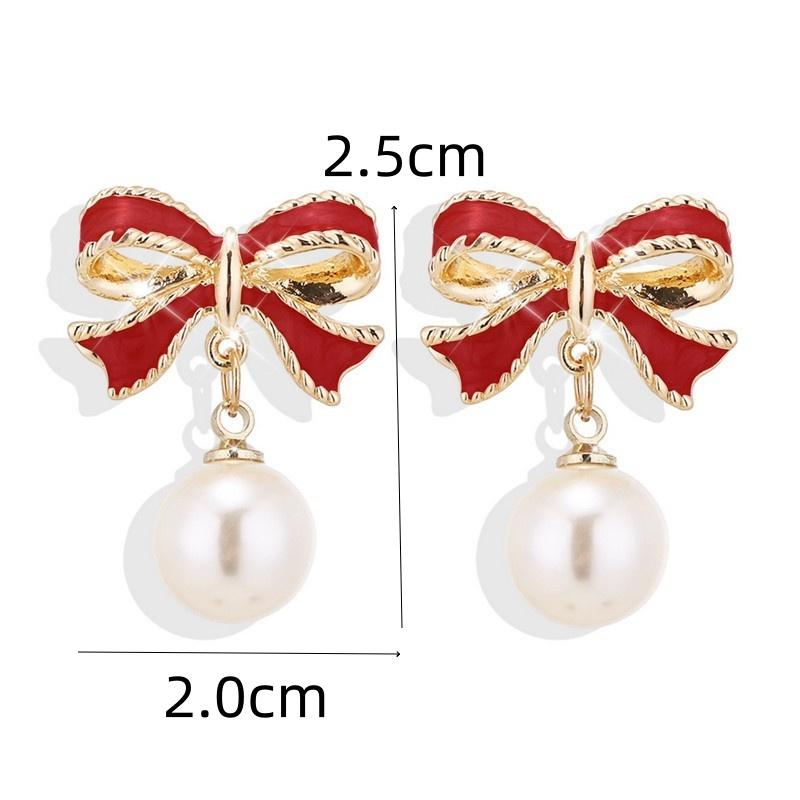 Imitation Pearl Black Red Color Bowknot Drop Earrings for Women Geometry Wedding Party Big Brincos Jewelry Gift