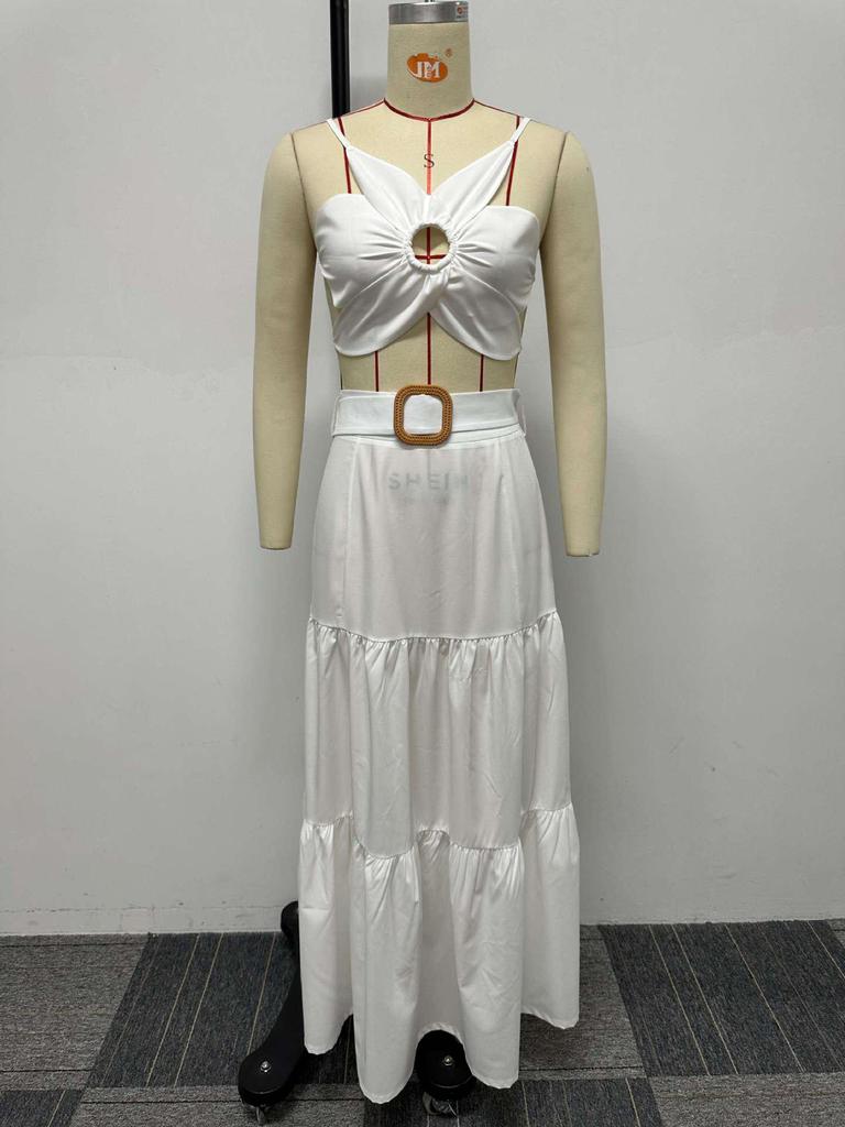 Европейский и американский сексуальный однотонный комплект с юбкой-бандажом на бретелях неправильной формы