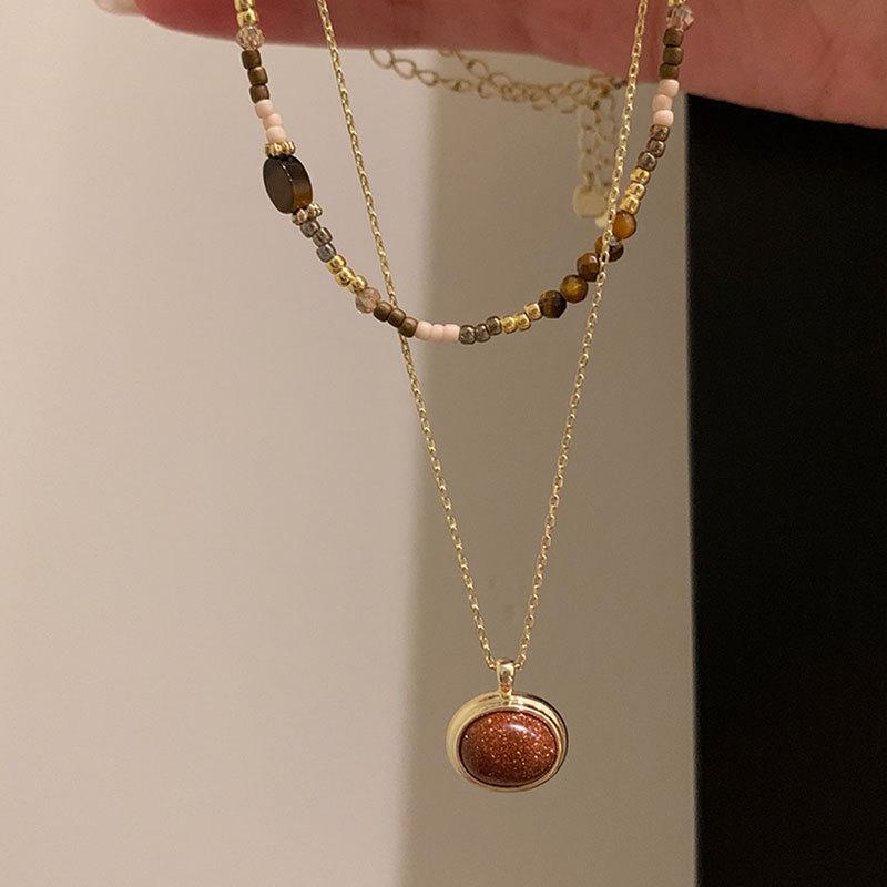 Niche Retro Tiger'S Eye Stone Beaded Stacked Necklace Female Maillard Unique Personality Fashion Versatile Neck Chain Sweater Chain