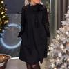 Women Dress Round Neck Lace-up Strap Shiny Sequin Patchwork Long Sleeves Midi Dress