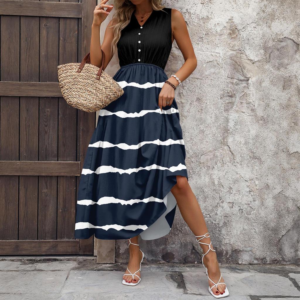 Women's Casual And Fashionable V-neck  Sleeveless Printing Mid Length Dress