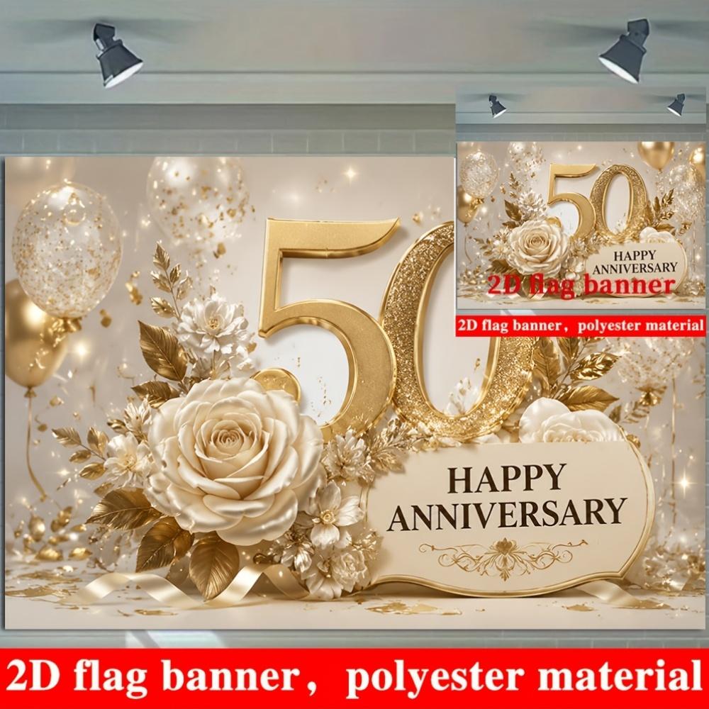 50th Anniversary Banner Backdrop Gold Number 50 Champagne Roses Polyester