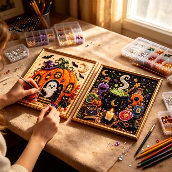 Halloween Craft Supplies Faux Pearl Painting Kit DIY Witchcraft Art 3D Seasonal Bead Wall Kit for Adults Beginners Handmade Holiday Decor Shiny