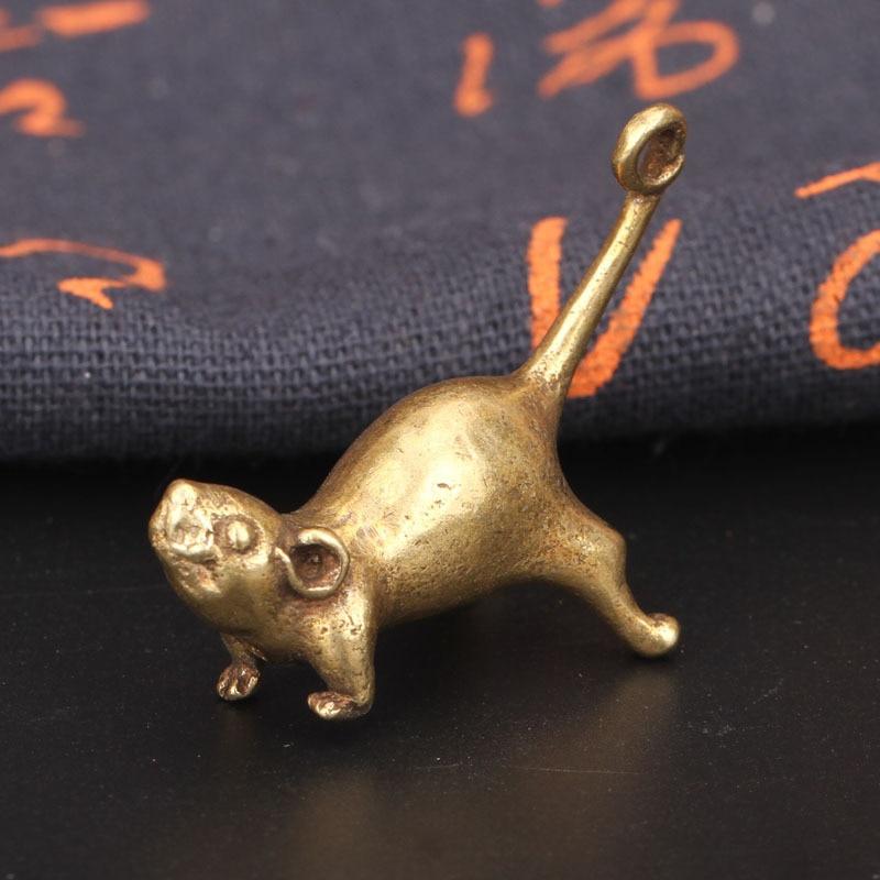 Ancient Brass Small Tea Pet Ornament Long Tail Cute Mouse Figurines Miniatures Copper Lucky Rat Study Living Room Decorations
