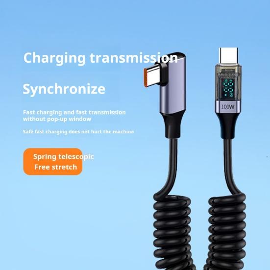 Зарядный кабель с цифровым дисплеем, передача данных 480 Мбит/с, универсальный Type-C, 90-градусный, 100 Вт, пружинный кабель для быстрой зарядки