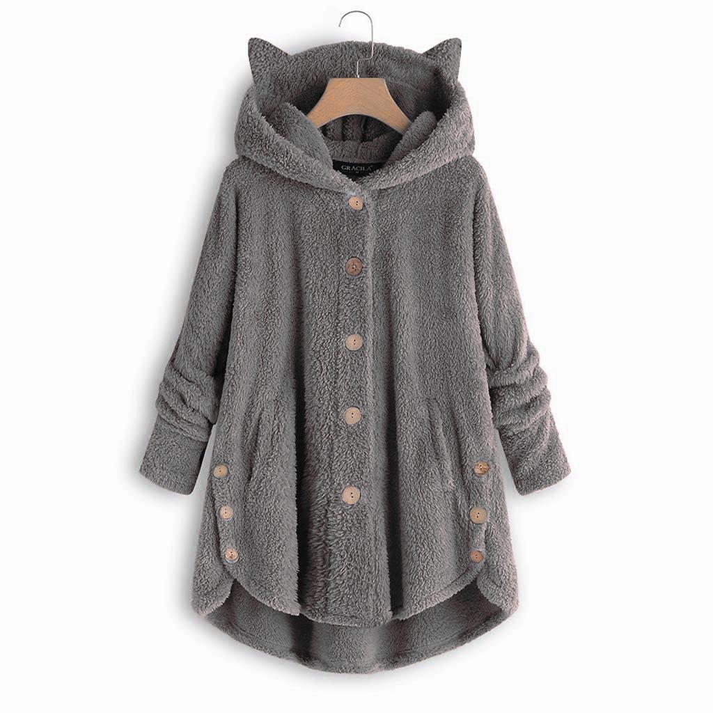 Amazon 2025 autumn and winter European and American buttons hooded cat ears plush top irregular trendy brand solid color coat women