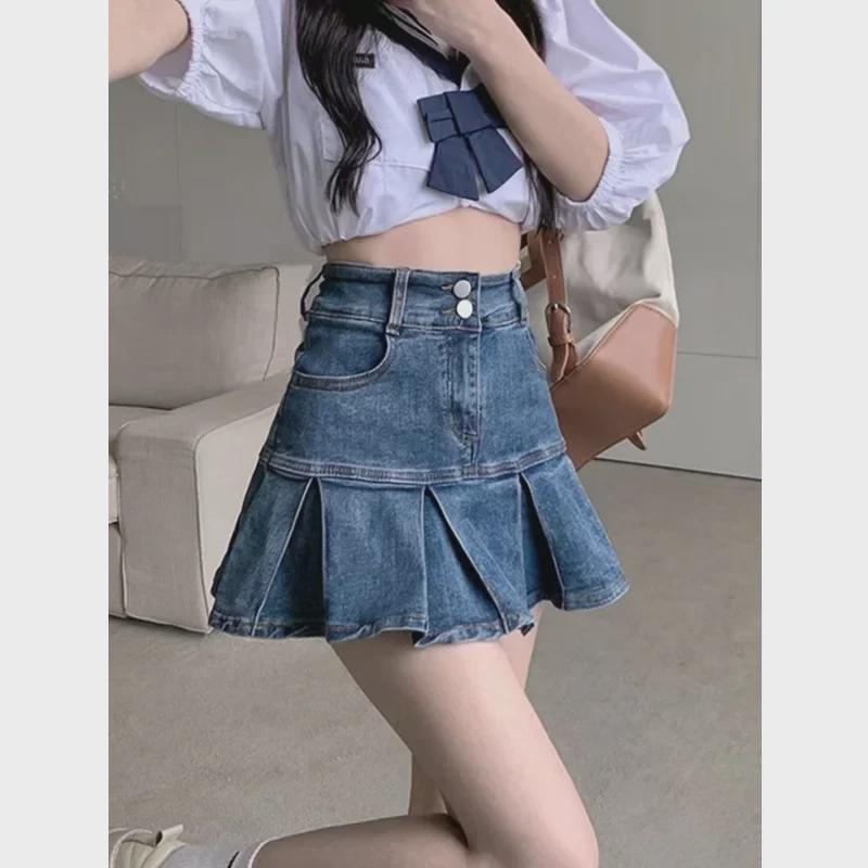 High-Waist Pleated Denim Skirt: 2023 Spring/Summer Slim A-Line Short Skirt for Women