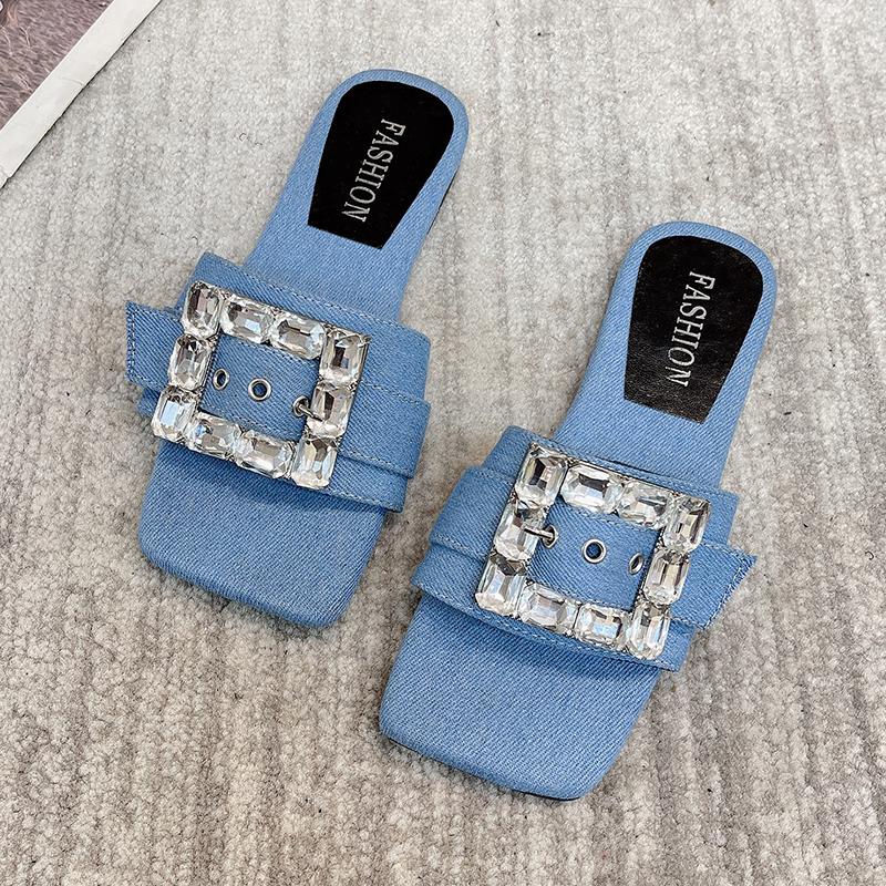 Fashion Summer New Flat Flat Fashion Slippers Women's Rhinestones Square Buckle One Word Sandals Lazy Sandals