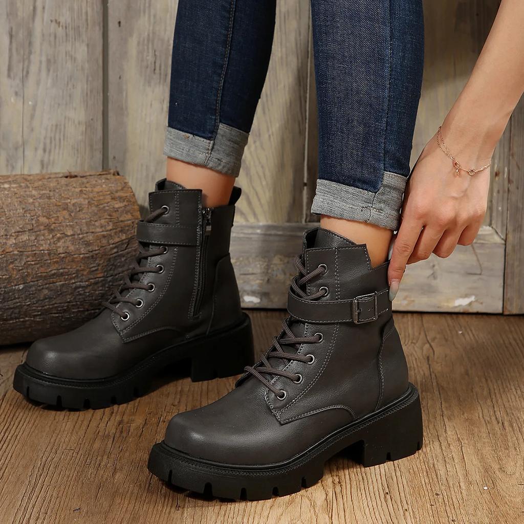 Platform Round Toe Women Motorcycle Boots Fashion Lace Up Shoes Retro Autumn Winter Ladies Knight Short Booties Botas De Mujer