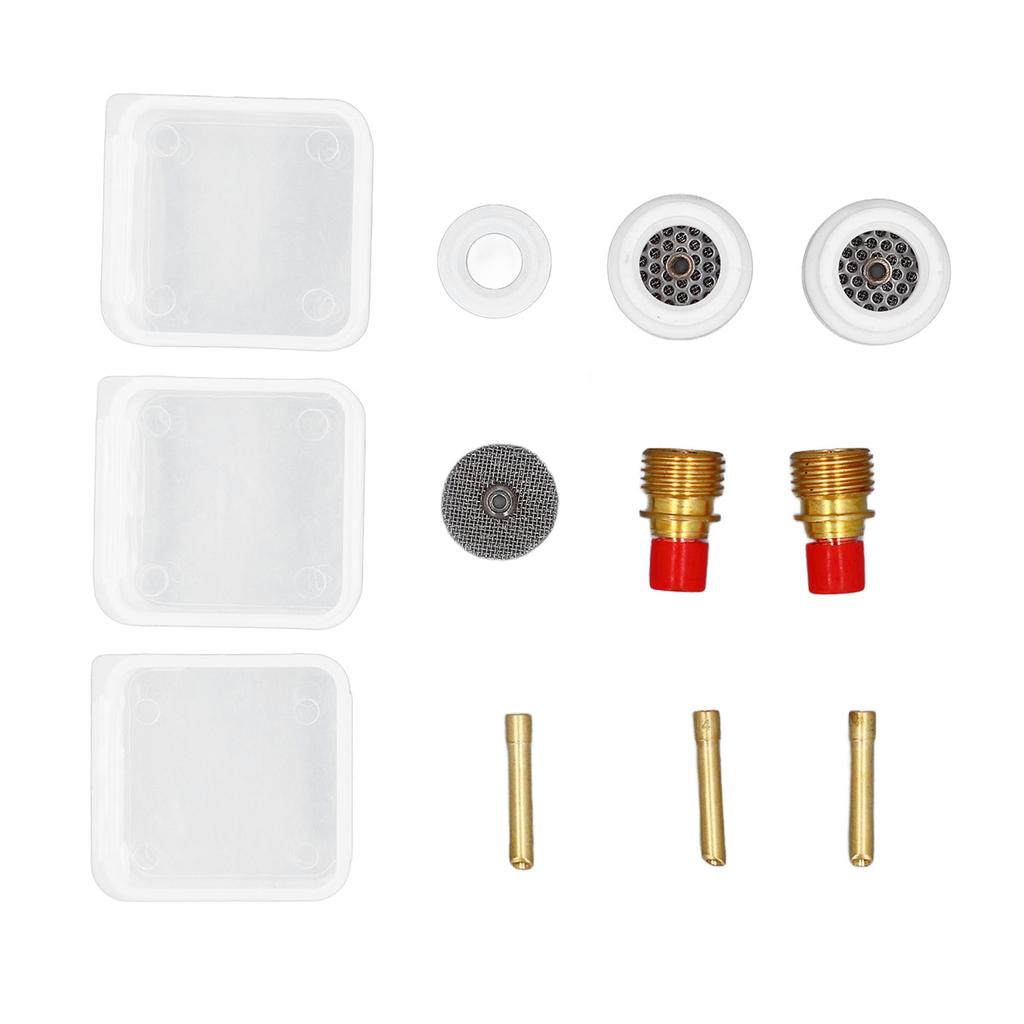 Комплект из 12 предметов: газовая линза для сварки TIG, керамическое сопло, держатель электрода с коротким скосом, сетчатый разъем, передняя часть из ПТФЭ