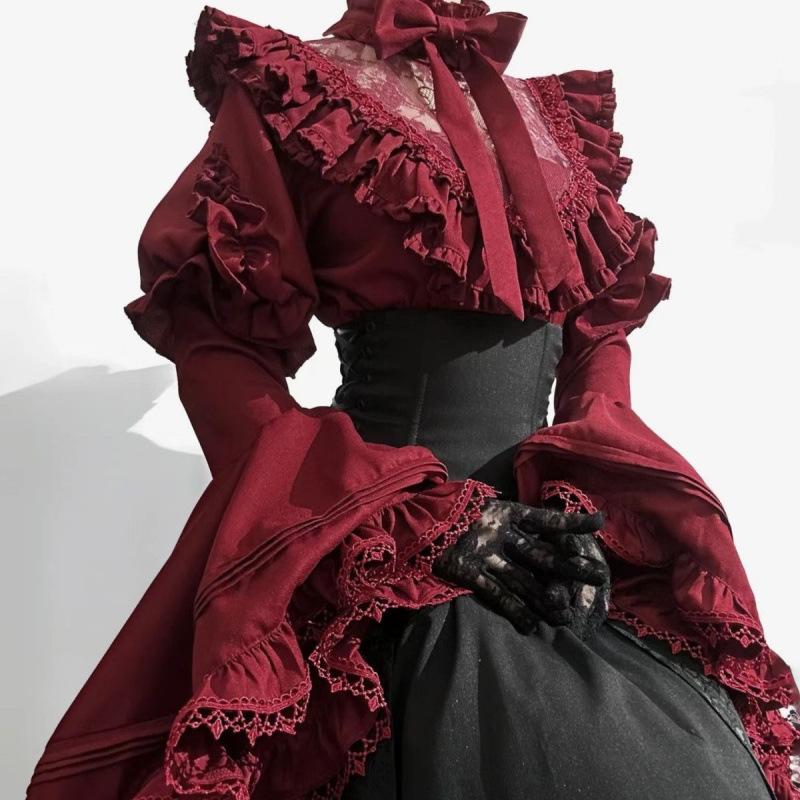 Винтажное кружевное лоскутное платье с длинным рукавом в стиле Лолита, женские рубашки с завышенной талией, средней длины, свободные юбки, весна-осень