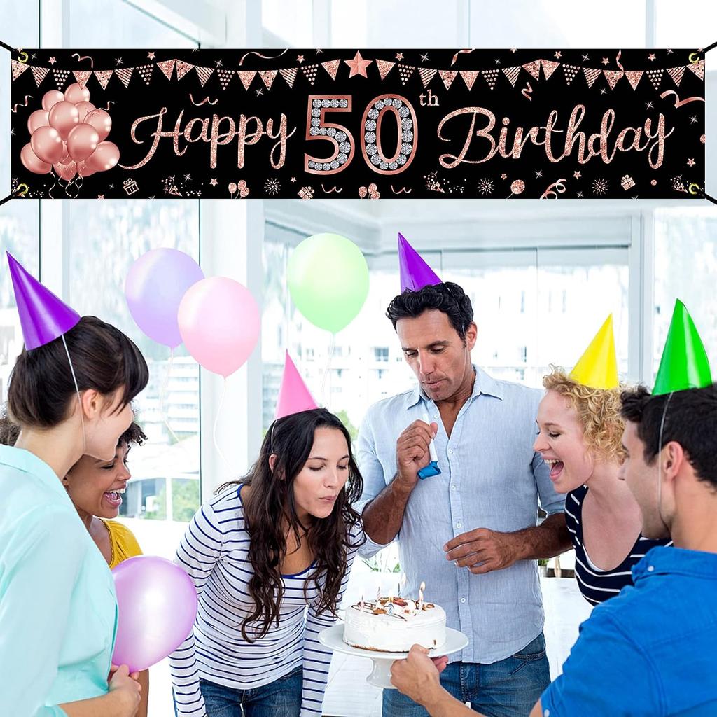 Happy 50th Birthday Banner Decorations for Women, Rose Gold 50 Birthday Sign Party Supplies, Glitter Fifty Birthday Backdrop Decor for Outdoor Indoor