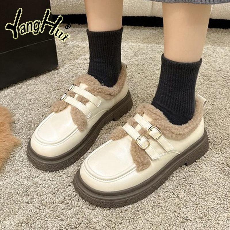 Plus Velvet Keep Warm Leather Platform Shoes for Women British Style Casual Mary Janes Pumps 2024 New Fashion Spring Autumn