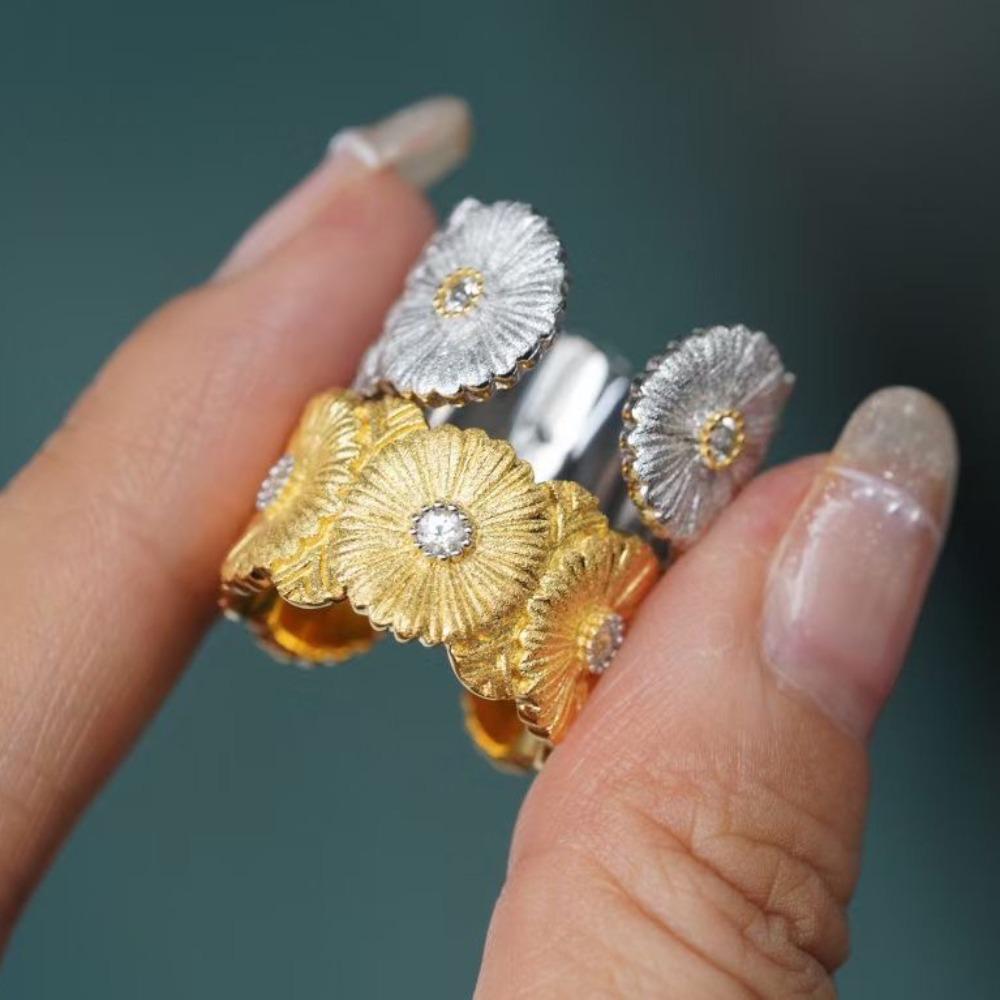 Open Ring Dual Gold Daisy Flower Wide Band with Diamond Embellishments for Women