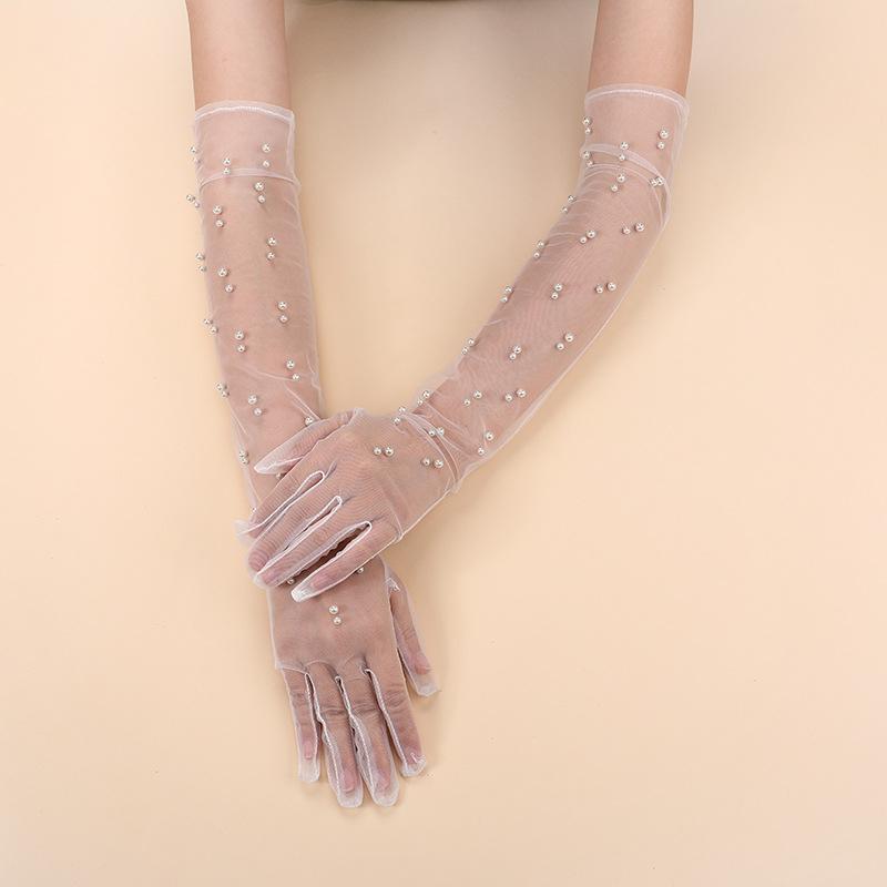 Fashion Thin Bridal Etiquette Gloves Stage Feather Sleeves Long Stretchy Elbow Tulle Opera Gloves Costume Evening Party Gloves