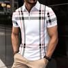 Men Summer Shirt Lapel Zipper Color Matching Plaid Striped Print Slim Fit Short Sleeve Pullover Mid Length Soft Breathable Men Business Top