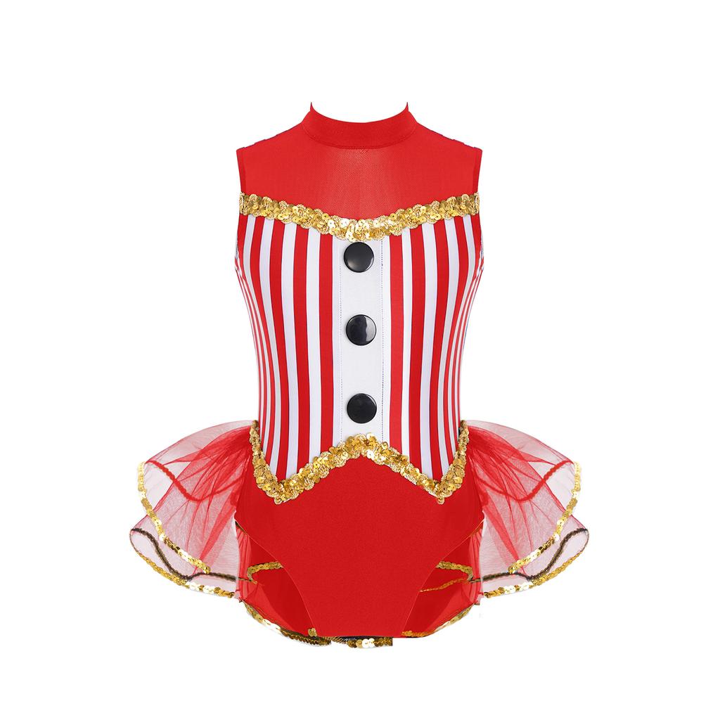 Kids Girls Sparkly Latin Dance Outfit Striped Leotard Mock Neck Open Back Design and Tulle Skirt Performance Wear