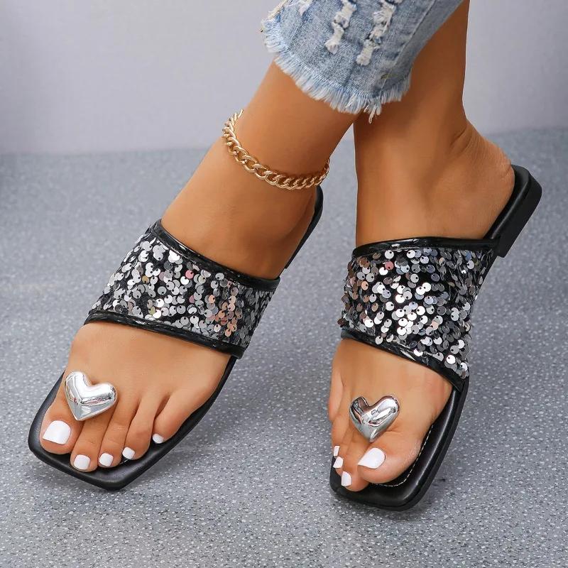 Распродажа модной женской обуви 2024 года, новые женские тапочки с квадратным носком, летние блестки, твердая подошва, легкие повседневные удобные тапочки на плоской подошве