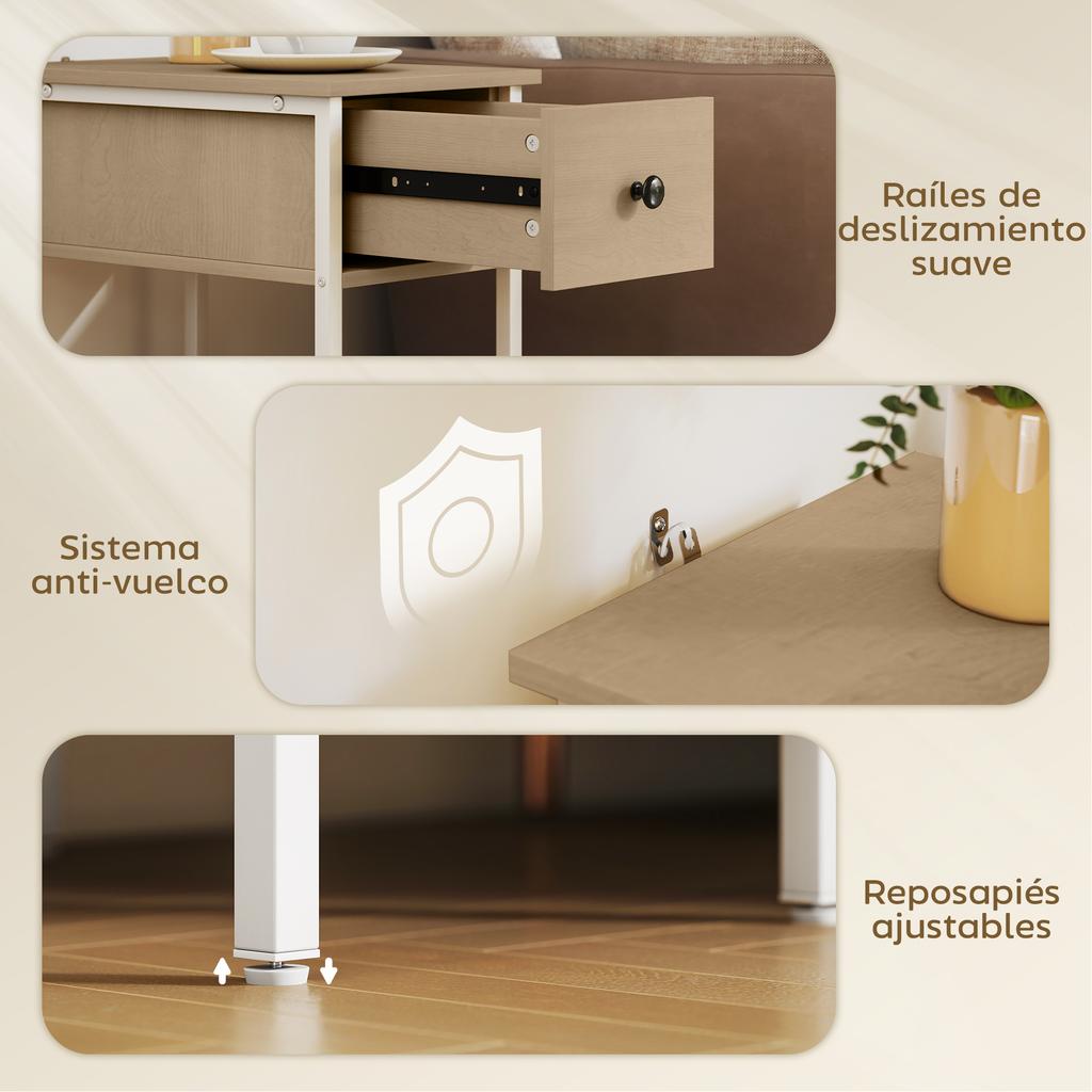 Narrow Side Table with Drawer Open Shelf and Metal Structure for Living Room Bedroom 25x39.8x58.2 cm Natural
