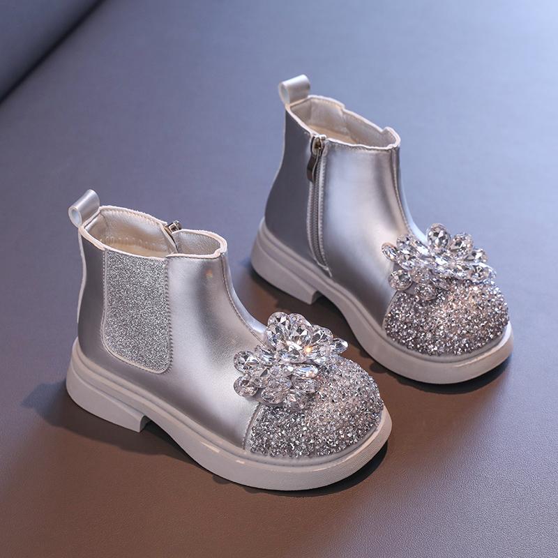 Новые осенне-зимние ботильоны для девочек, роскошные детские сапоги принцессы с блестками, модные универсальные детские повседневные короткие сапоги со стразами
