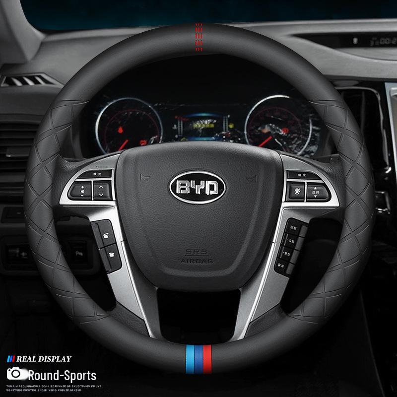 BYD Steering Wheel Cover: Genuine Leather Fit for Tang, DMI, Song Pro, Qin Plus, Han EV, Dolphin, F3, S7.
