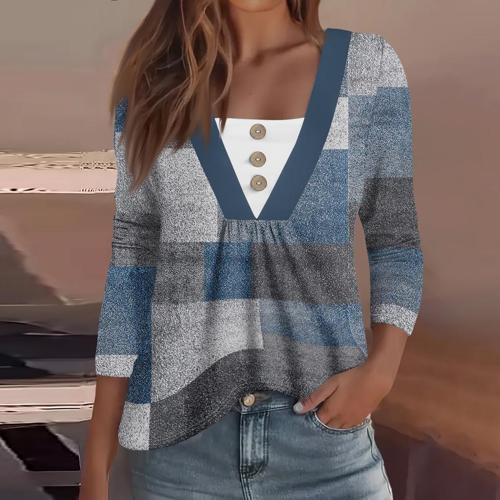 Women's Fashion Casual Long Sleeve Shirt Geometry Printed Button V Neck Up Tops