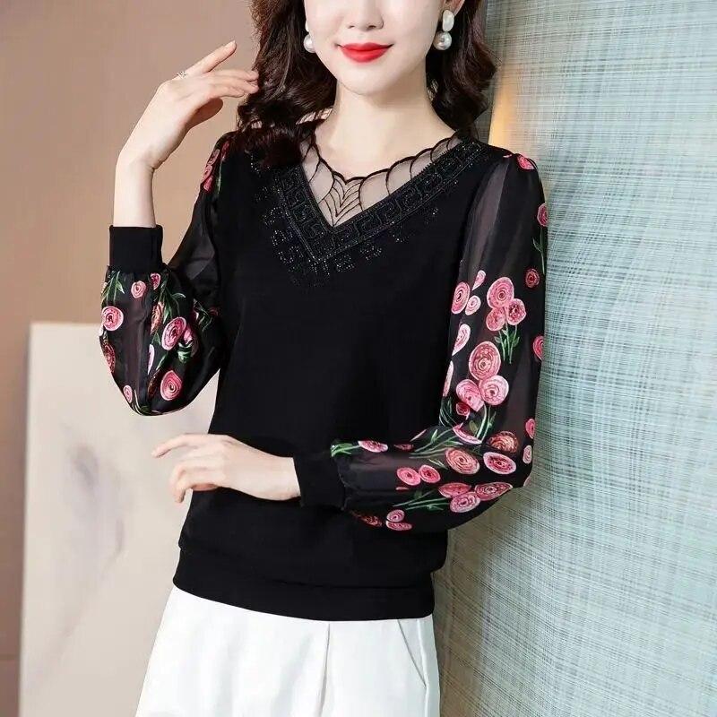 Весенне-осенняя новая модная футболка, женская рубашка из двух предметов, кружевная блузка с длинными рукавами и бриллиантами, M-4XL